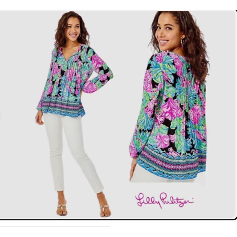 Lilly Pulitzer Marilina Tunic Top Blouse Floral Pleated Tasseled‎ Women's XS